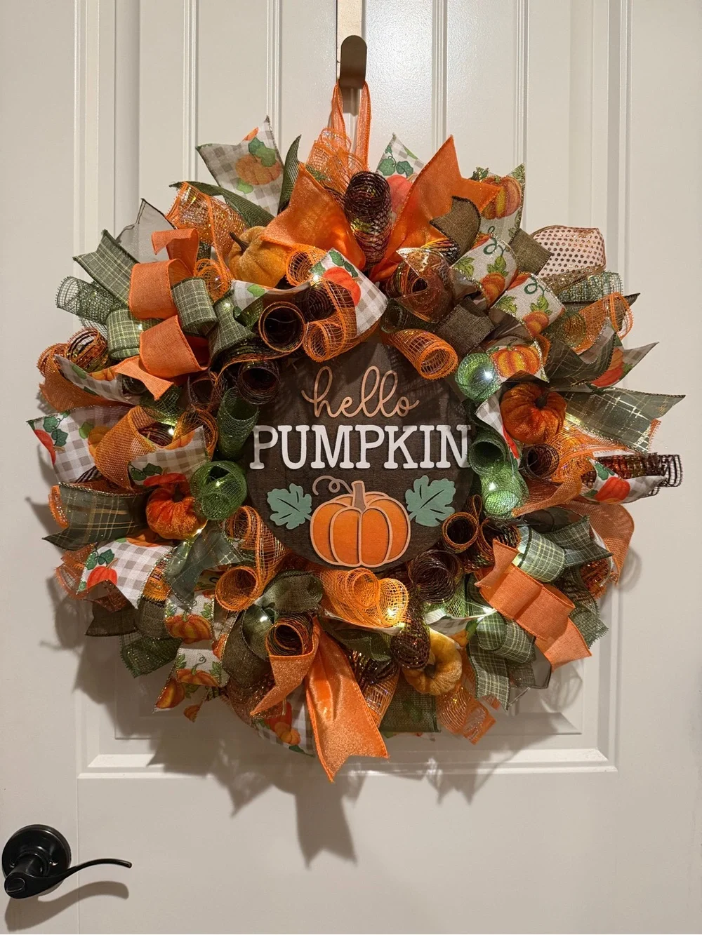 Handmade Hello Pumpkin Ribbon Welcome Door Wreath Fall Leaf 22 in LED W24